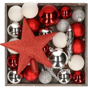 Kerstballen set - 45x st - met ster piek - rood,wit,zilver - kunststof