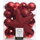 Kerstversiering kunststof kerstballen 5-6-8 cm met ster piek en sterren slingers pakket rood van 35x stuks - Kerstboomversiering