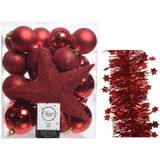 Kerstversiering kunststof kerstballen 5-6-8 cm met ster piek en sterren slingers pakket rood van 35x stuks - Kerstboomversiering