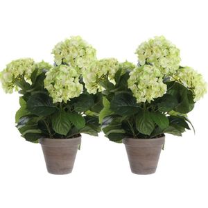 2x Lichtgroene Hydrangea/hortensia kunstplant 45 cm in grijze pot - Kunstplanten/nepplanten