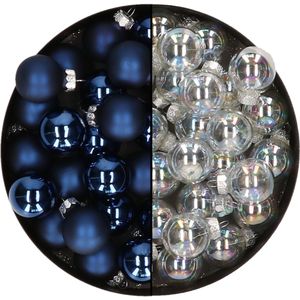 Mini kerstballen - 48x st - donkerblauw/transparant parelmoer - 2,5 cm - glas