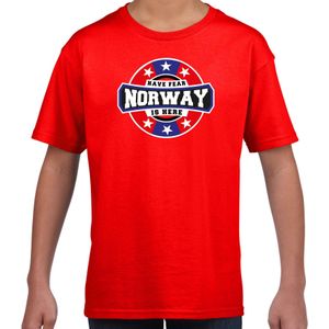 Have fear Norway is here t-shirt met sterren embleem in de kleuren van de Noorse vlag - rood - kids - Noorwegen supporter / Noors elftal fan shirt / EK / WK / kleding