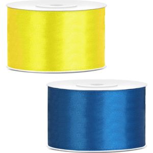 Sierlinten/cadeaulinten/satijnen linten - Set 2x stuks - geel en blauw - 38 mm x 25 meter