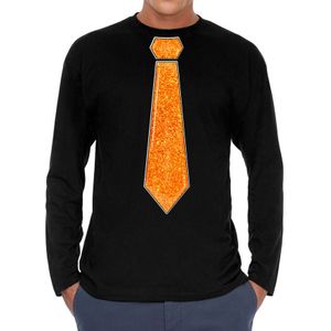 Bellatio Decorations Verkleed shirt heren - stropdas glitter oranje - zwart - carnaval - longsleeve