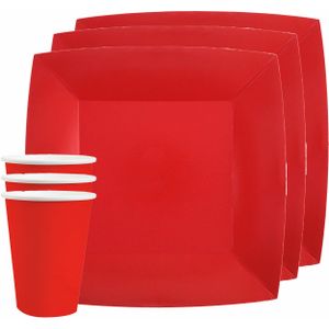 Santex feest/verjaardag servies set - 10x bordjes en bekertjes - rood - karton