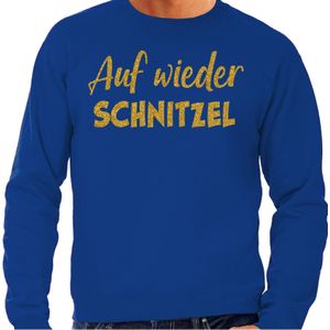 Bellatio Decorations Apres ski sweater heren - Auf wieder Schnitzel - blauw - glitter goud - wintersport