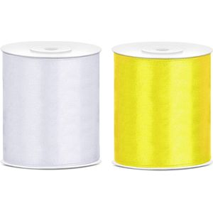 2x rollen satijnlint geel-wit 10 cm x 25 meter - Hobby cadeaulint sierlint