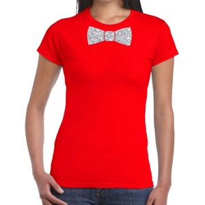 Rood fun t-shirt met vlinderdas in glitter zilver dames - shirt met strikje