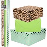 9x Rollen kraft inpakpapier/folie pakket - panterprint/groen/mint groen met zilveren stippen 200 x 70 cm - dierenprint papier