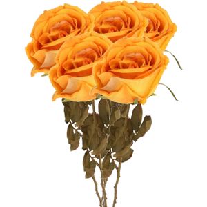 Top Art Kunstbloem roos Calista - 5x - perzik oranje - 66 cm - kunststof steel - decoratie bloemen