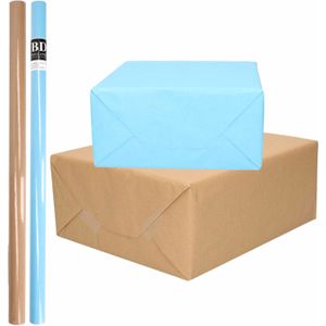 4x Rollen kraft inpakpapier/kaftpapier pakket bruin/lichtblauw 200 x 70 cm/cadeaupapier/verzendpapier/kaftpapier