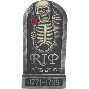 Horror kerkhof decoratie grafsteen RIP skelet met roos 32 x 65 cm - Halloween feestdecoratie en versiering