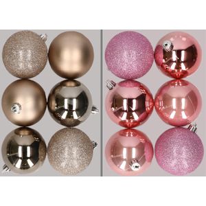 12x stuks kunststof kerstballen mix van champagne en roze 8 cm - Kerstversiering