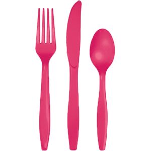 Fuchsia roze plastic bestek setje 96-delig - messen/vorken/lepels - herbruikbaar - Verjaardag feest of BBQ