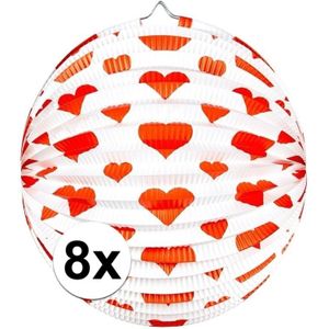 8x stuks Bol lampionnen rond wit met rode hartjes 25 cm - Valentijn - Bruiloft decoratie lampionnen