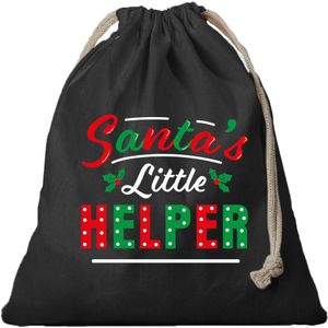 1x Kerst Santa his little helper cadeauzakje zwart met sluitkoord - katoenen / jute zak - Kerst cadeauverpakking zakjes