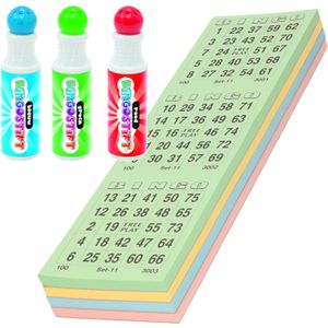 100x Bingokaarten Nummers 1-75 Inclusief 3x Bingostiften Blauw/Groen/Rood