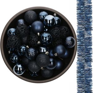 Decoris Kerstballen - 37 ST - 6 cm - en 2 ST kerstslingers - blauw- kunststof