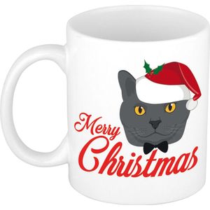 Cadeau kerstmok Merry Christmas met grijze kat - 300 ml - keramiek - mok / beker - Kerstmis - kerstcadeau kattenliefhebbers