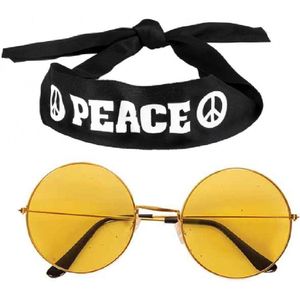 Hippie Flower Power verkleedset hoofdband met ronde glazen bril geel