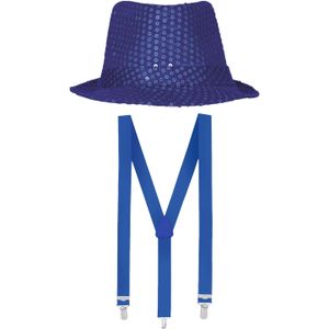 Carnaval verkleed set - hoedje en bretels - blauw - dames/heren