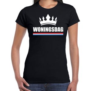 Koningsdag t-shirt Woningsdag met witte kroon voor dames - zwart - Woningsdag - thuisblijvers / Kingsday thuis vieren