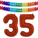 Folat folie ballonnen - Leeftijd cijfer 35 - rood - 86 cm - en 2x slingers