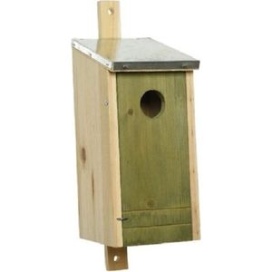 Houten vogelhuisje/nestkastje met lichtgroene voorzijde en metalen dakje 26 cm - Vogelhuisjes tuindecoraties