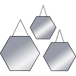 Set van 3x spiegels/wandspiegels hexagon metaal zwart met ketting - Woondecoratie/accessoires