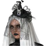 Halloween heksenhoed - mini hoedje op diadeem - one size - zwart/zilver - meisjes/dames - verkleed accessoires