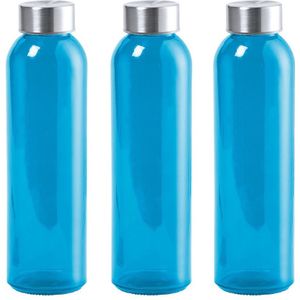 3x Stuks glazen waterfles/drinkfles blauw transparant met Rvs dop 550 ml - Sportfles - Bidon