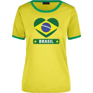 Brasil geel/groen ringer t-shirt Brazilie vlag in hart - dames - landen shirt - Braziliaanse fan / supporter kleding