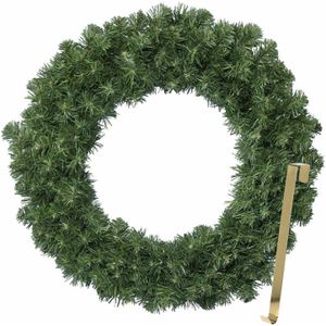 Kerstkrans 60 cm - groen - met gouden hanger/ophanghaak - kerstversiering