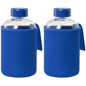 4x Stuks glazen waterfles/drinkfles met blauwe softshell bescherm hoes 600 ml - Sportfles - Bidon