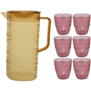 Gele schenkkan/waterkan/sapkan/limonadekan set met 6 roze glazen