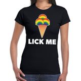 Lick me gay pride t-shirt zwart met tekst en regenboog ijsbolletjes voor dames - lgbt kleding