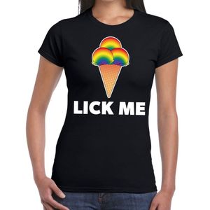 Lick me gay pride t-shirt zwart met tekst en regenboog ijsbolletjes voor dames - lgbt kleding