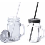 8x stuks Glazen Mason Jar drinkbekers met dop en rietje 500 ml - 4x zwart/4x zilver - afsluitbaar/niet lekken/fruit shakes