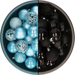 Decoris kerstballen - 74x st - zwart en ijsblauw - 6 cm - kunststof