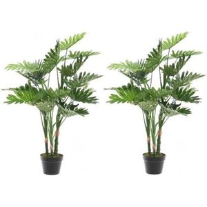 2x Groene Philodendron Monstera/gatenplant kunstplant 100 cm in zwarte plastic pot - Kamerplant kunstplanten/nepplanten