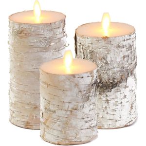Set van 3x stuks Wit berkenhout Led kaarsen met bewegende vlam - Sfeer stompkaarsen voor binnen