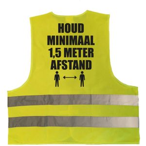 5x stuks houd 1,5 meter afstand pictogram vest / hesje - geel met reflecterende strepen - volwassenen - veiligheidsvest werkkleding - RIVM regels/richtlijnen - flatten the curve / stay safe