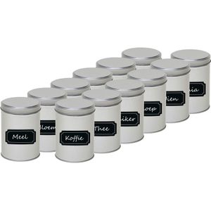 12x Zilveren ronde opbergblikken/bewaarblikken met beschrijfbare labels/etiketten 13 cm - Koffie/thee/suiker voorraadblikken - Voorraadbussen - Voorraadkast organiseren