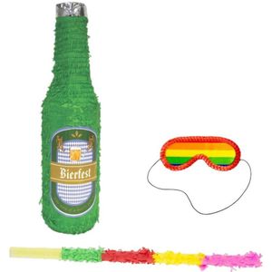 Pinata Bierfles vorm 75 cm set + stok + masker - Vrijgezellenfeest feestartikelen