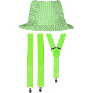 Carnaval verkleedset Partyman - glitter hoedje en bretels - fluor groen - heren - verkleedkleding