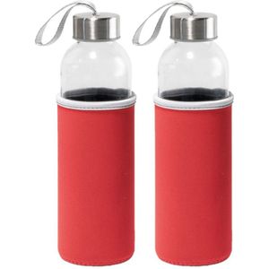 4x Stuks glazen waterfles/drinkfles met rode softshell bescherm hoes 520 ml - Sportfles - Bidon