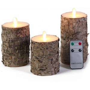 Set van 3 luxe berkenhout kleur LED stompkaarsen met afstandsbediening - Woondecoratie - LED kaarsen - Elektrische kaarsen