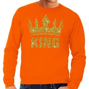 Oranje King gouden glitter kroon sweater / trui heren - Oranje Koningsdag kleding