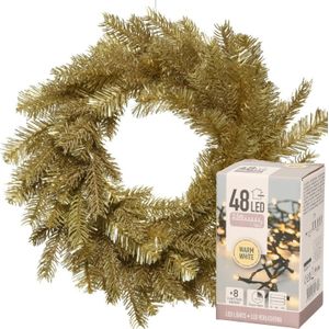 Decoris Kerstkrans - goud glitter - D50 cm - incl. verlichting warm wit