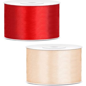 Sierlinten/cadeaulinten/satijnen linten - Set 2x stuks - rood en creme wit - 38 mm x 25 meter